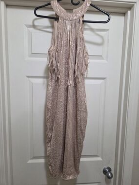 Sequin Fringe Halter Dress in Blush
